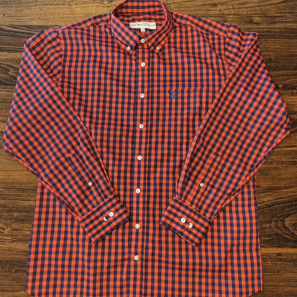 Bald Head Blues Men's Large Long Sleeve Button Down In Red And Navy Blue